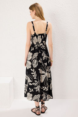 Siyah Cicekli Etegi Belden Ac?lan Gipeli Midi Dokuma Elbise TWOSS25EL00036