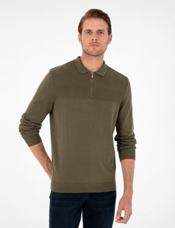 Koyu Haki Slim Fit Fermuarl_ Polo Yaka Triko Kazak - Pierre cardin фото 3