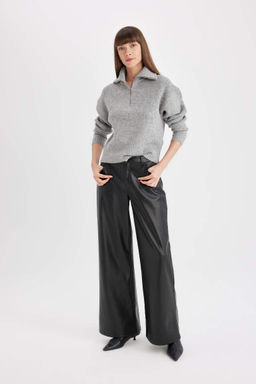 Женский серый свободный крой свитер из ткани селаник с половиной молнии и высоким воротником - Defacto фото 2