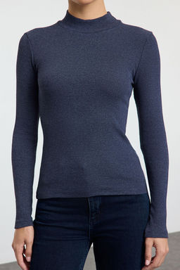 Indigo Fitted/Vucuda Oturan Dik Yaka Uzun Kol Fitilli Esnek Orme Bluz TWOAW21BZ0423