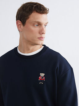 Bisiklet Yaka Ay? Teddy Bask?l? Erkek Kal?n Sweatshirt