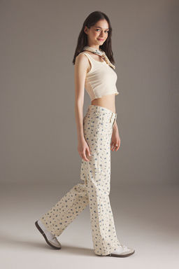 Ekru Cicek Bask?l? Normal Bel Wide Leg Jeans TWOSS25JE00261 - Trendyolmilla фото 2
