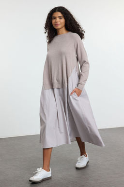 TRENDYOLMILLA Siyah Cizgili Triko Garnili Duz Kesim Midi Dokuma Elbise TWOAW25EL00359 фото 2