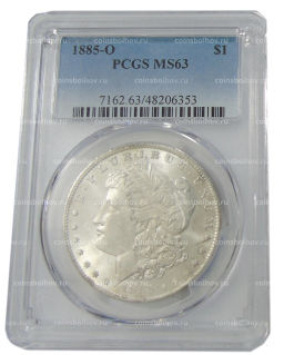 1 доллар 1885 года O США Доллар Моргана (в слабе PCGS MS 63)