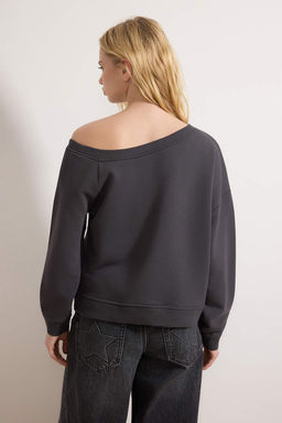 Teen Antrasit Slogan Bask?l? Ac?k Omuzlu Orme Sweatshirt TWOAW26SW00201