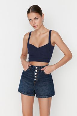 Koyu Mavi Onden Dugmeli Yuksek Bel Mini Denim Sort TWOSS22SR00112