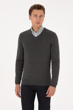Erkek Slim Fit V Yaka Antrasit Melanj Basic Kazak - U.s. polo assn фото 3