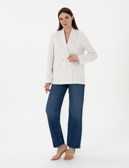 Ekru Keten Kar___ml_ Comfort Fit Kruvaze Ceket