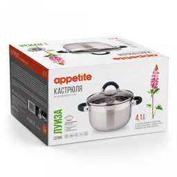 Кастрюля из нержавеющей стали "Луиза" 4,1л, д19,5см, h13см, s0,5мм, дно s2,9мм, стеклянная крышка, просиликоненные ручки, подарочная коробка, "Appetite" (Китай)