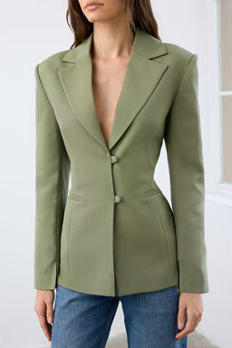 Ac?k Haki Arkas? Baglama Detayl? Fitted/Bele Oturan Dokuma Blazer Ceket TWOAW26BC00032