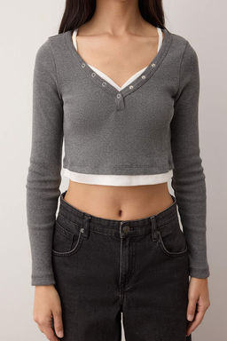 Gri Melanj Cift Katl? Fitted/Vucuda Oturan Crop Orme Bluz TWOAW26BZ00311 - Trendyolmilla фото 3