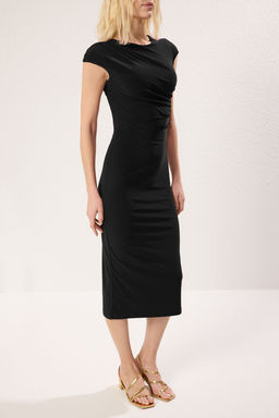 TRENDYOLMILLA Bordo Ay Kol Drapeli Vucuda Oturan Esnek Midi Orme Elbise TWOSS25EL00369  фото 7