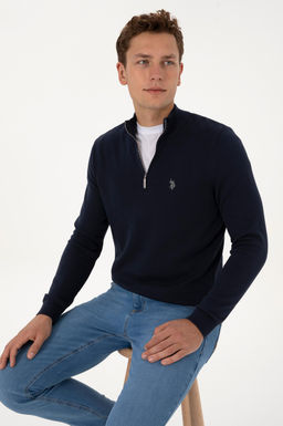 Erkek Slim Fit Yar_m Fermuarl_ Lacivert Basic Kazak