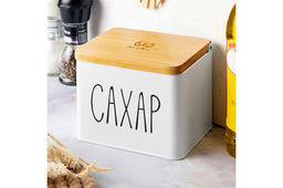 Емкость для хранения 1,5 л 14*11*11 см "Сахар" с бамбуковой крышкой, белая