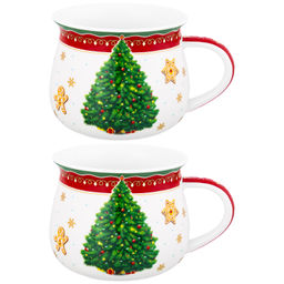 Набор кружек 2 предмета 250 мл 11*8,5*7 см "Новогодняя елка" красный узор, фарфор NEW BONE CHINA