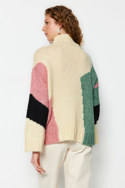 Bej Yumusak Dokulu Renk Bloklu Genis Kal?p Triko Kazak TWOAW20XS0047