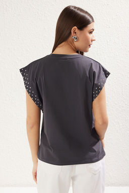 TRENDYOLMILLA Lacivert %100 Pamuk Dugme Detayl? Vatka Gorunumlu Basic Bisiklet Yaka Orme T-Shirt TWOSS23TS00016  фото 26