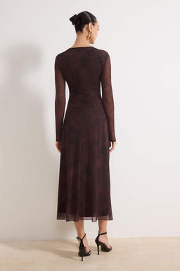 Kahverengi Soyut Buzgu / Drape Maxi Orme Elbise TWOAW25EL00408