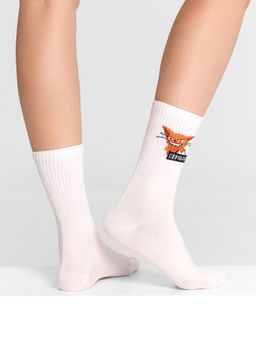 Цена за 5 пар! Носки женские высокие белые с узором в виде котика и надписью "Серада" белый 217K-2666