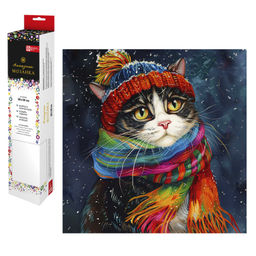 Алмазная мозаика арт. 68601 / 50 ЗИМНИЙ КОТ, размер: 30*30 см, (21 цветов страз, холст с напечатанно