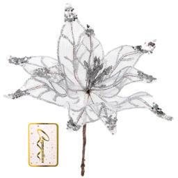 Цена за 2шт. Украшение новогоднее "Пуансеттия - Искристый цветок" 20 см, Серебро