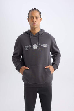 Мужской антрацитовый толстый свитшот DeFactoFit NBA Golden State Warriors свободного покроя с капюшоном и принтом  фото 3