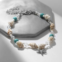 Браслет на ногу QF «Морская звезда», бело-голубой в серебре, 23.5 см + удлинитель 4.5 см