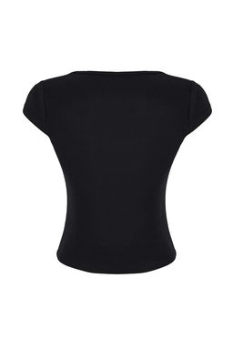 Siyah Fitted Kare Yaka K?sa Kollu Crop Fitilli Esnek Orme Bluz TWOSS26BZ00155 - Trendyolmilla фото 2