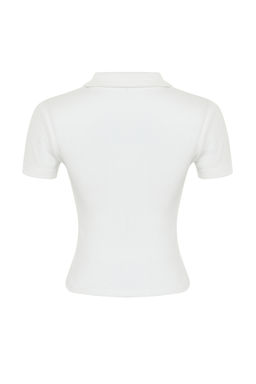 Ekru Fitilli Dikis Detayl? Polo Yaka Crop Esnek Orme Bluz TWOSS24BZ00366