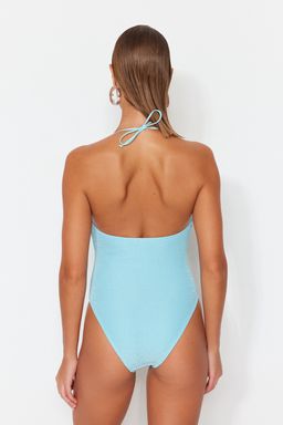 Mavi Derin Dekolteli Biyeli Simli Normal Paca Mayo TBESS23MA00324