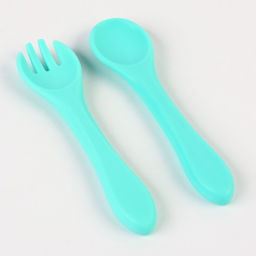 Тарелка на присоске и столовые приборы Крошка Я, из силикона, бирюзовый