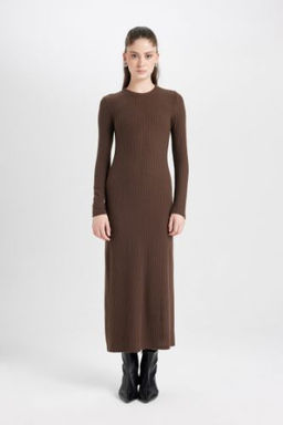 Bodycon Vucudu Saran Bisiklet Yaka Basic Duz Kaskorse Uzun Kollu Maxi Elbise