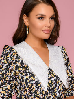 Платье черное с цветочным принтом, рукавами фонарик и кружевным воротником - 1001dress фото 4