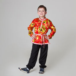 Русская народная рубаха Хохлома, атлас, р. 32, рост 122-128 см, красная