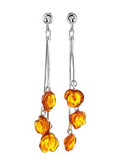 Очаровательные серьги из резного янтаря с замками-гвоздиками Розы коньячные