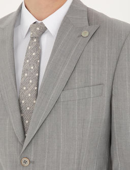 Gri Slim Fit _izgili Y_n Tak_m Elbise