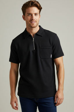 Siyah Oversize/Genis Kesim Cep Detayl? Dokulu Polo Yaka T-shirt TMNSS25PO00019