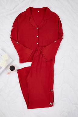 Ekru Kurdele/Fiyonk Nak?s Detayl? Viskon Dokuma Pijama Tak?m? THMAW26PT00089