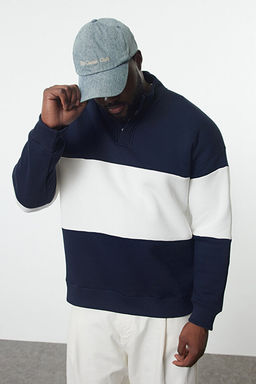 Lacivert Oversize/Geni_ Kesim Dik Yaka Renk Bloklu __i Polar B_y_k Beden Sweatshirt TMNAW25AO00033