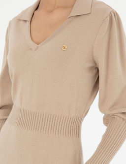 Krem Regular Fit Triko Elbise