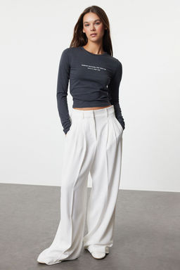 Antrasit Slogan Bask?l? Vucuda Oturan Crop Esnek Orme Bluz TWOAW25BZ00148