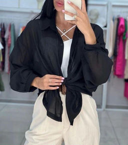 K11779 Рубашка марлевка OVER SIZE ЧЕРНЫЙ