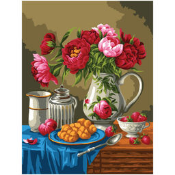 Картина по номерам на холсте "Пионы и клубника" 40*50см (КХ4050_53914) ТРИ СОВЫ, с акриловыми красками