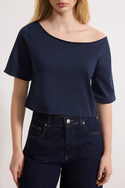 Lacivert-Gri Melanj 2li Paket %100 Pamuk Asimetrik Kay?k Yaka Crop Orme T-Shirt TWOSS25TS00194