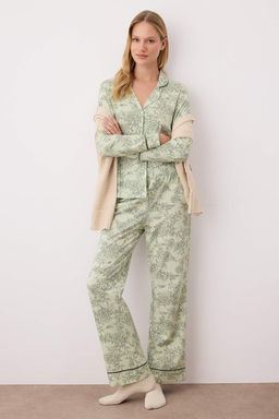Yesil %100 Pamuk Cicekli Gomlek Yaka Biyeli Orme Pijama Tak?m? THMAW26PT00152