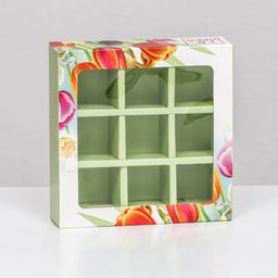 Цена за 5 шт. Коробка под 9 конфет с обечайкой С 8 Марта, 13,7 х 13,7 х 3,5 см