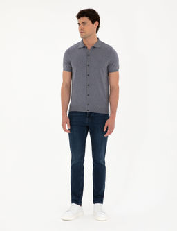 Koyu _ndigo Slim Fit D__meli Polo Yaka Keten Kar___ml_ Triko Ti__rt
