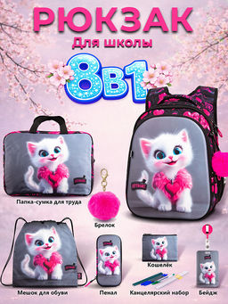 Рюкзак SkyName set-R1-084 + мешок для обуви, папка, пенал, кошелек, бейдж,канц. набор,брелок помпон