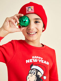 Bisiklet Yaka Nostaljik Maymun Bask?l? Y?lba?? Temal? Uzun Kollu Erkek ?ocuk Sweatshirt