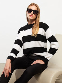 Bisiklet Yaka Renk Bloklu Uzun Kollu Kad?n Triko Kazak